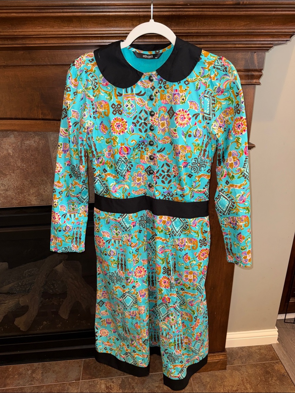 Turquoise bold vibrant print vintage style long sleeve dress Peter Pan collar S